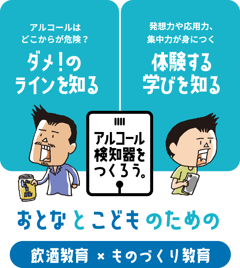 アルコール検知器をつくろう。アルコールはどこから危険？ダメ！のラインを知る。発想力や応用力、集中力が身に付く。体験する学びを知る。おとなとこどものための飲酒教育×ものづくり教育